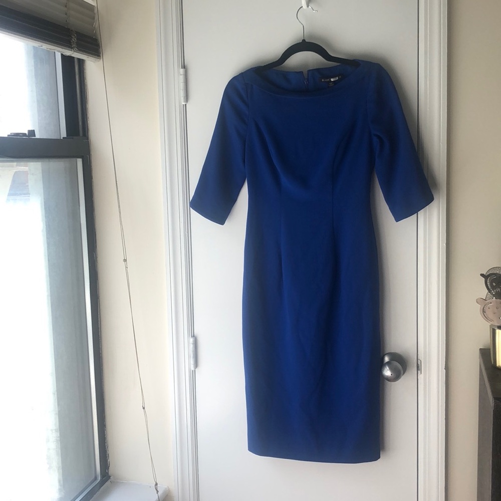 Black halo cobalt blue sheath midi dress
